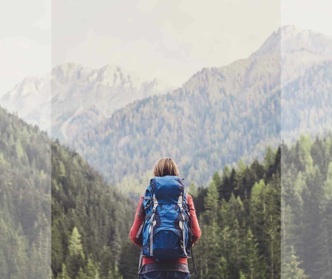 Frau mit Rucksack vor Wald und Bergen von hinten fotografiert.